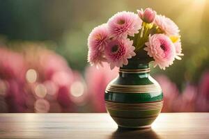 pink flowers in a green vase on a table. AI-Generated photo