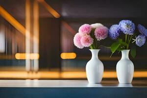 two vases with pink and purple flowers sit on a table. AI-Generated photo