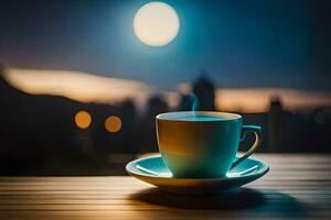 a cup of coffee on a wooden table in front of a cityscape. AI-Generated photo