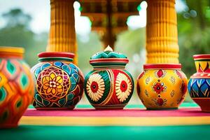colorful vases on a table with a canopy. AI-Generated photo