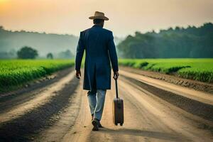 a man in a suit and hat walking down a dirt road with a suitcase. AI-Generated photo