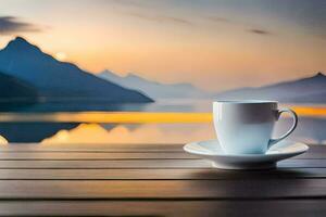 coffee cup on the table with mountains in the background. AI-Generated photo