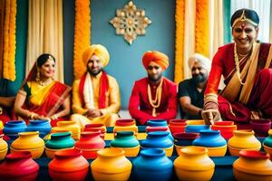 a group of people in indian outfits sitting around a table with colorful pots. AI-Generated photo