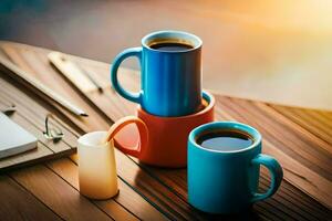 two coffee cups on a wooden table. AI-Generated photo