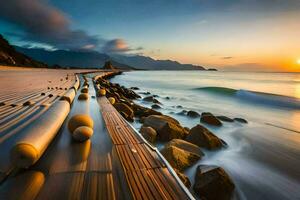 a long exposure photograph of a beach with rocks and water. AI-Generated photo