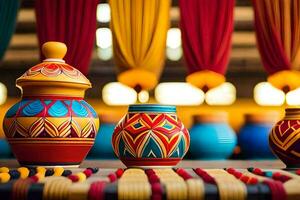 colorful vases are displayed on a table. AI-Generated photo