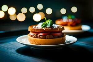 a hamburger on a plate with lights in the background. AI-Generated photo