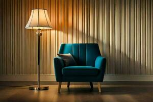 a blue armchair and lamp in front of a wall. AI-Generated photo