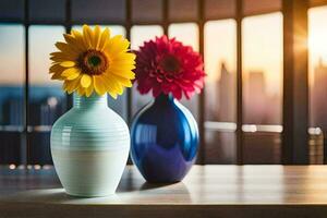 two vases with flowers on a table in front of a cityscape. AI-Generated photo