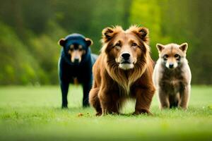 Tres perros son caminando en el césped. generado por ai foto