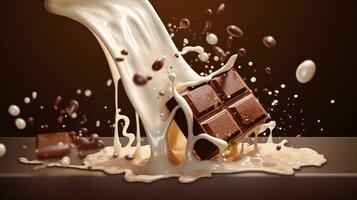 Chocolate bar with milk splash. Chocolate bar falling into milk cream. Product packaging design and advertisement elements concepts. AI Generated photo