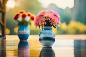 dos floreros con flores sentado en un mesa. generado por ai foto