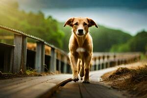 a dog walking on a wooden bridge in the woods. AI-Generated photo