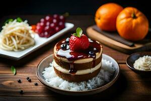 a dessert with strawberries and oranges on top of rice. AI-Generated photo