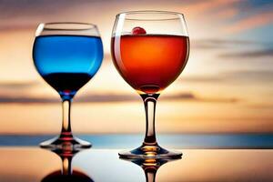 two glasses of wine with a sunset in the background. AI-Generated photo