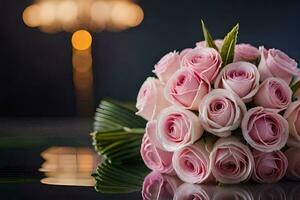 a bouquet of pink roses on a table. AI-Generated photo