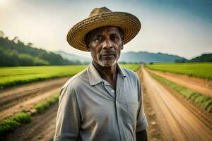 un africano hombre en un Paja sombrero en pie en un campo. generado por ai foto