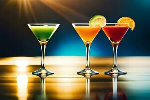 three different colored cocktails on a table. AI-Generated photo