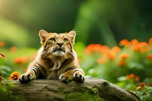 un Tigre es sentado en un rock en el césped. generado por ai foto
