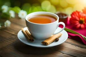 un taza de té con canela palos y flores en un de madera mesa. generado por ai foto