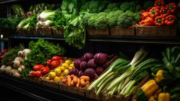 diferente variedades de Fresco vegetales en local mercados, súper tiendas ai generado foto