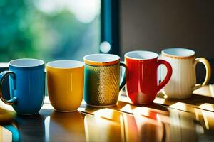 five colorful coffee mugs lined up on a table. AI-Generated photo