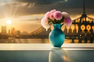 photo wallpaper the sky, flowers, the city, the bridge, the sunset, the bridge,. AI-Generated
