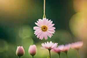 pink flowers hanging from a string in the garden. AI-Generated photo