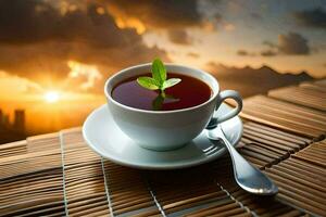 un taza de té en un de madera mesa con un puesta de sol en el antecedentes. generado por ai foto