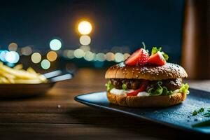 a hamburger with strawberries and cheese on a plate. AI-Generated photo