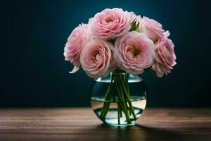 pink roses in a vase on a wooden table. AI-Generated photo