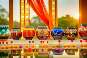 colorful pots on a table with a curtain in the background. AI-Generated photo