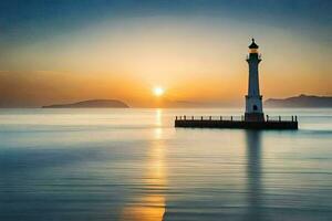 a lighthouse stands in the middle of the ocean at sunset. AI-Generated photo