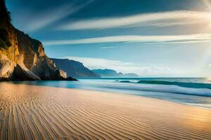 el Dom brilla en el playa y olas choque dentro el arena. generado por ai foto