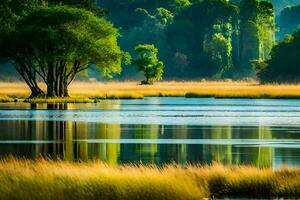 a lake with trees and grass in the foreground. AI-Generated photo