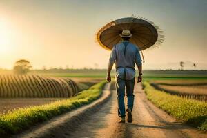 un hombre caminando abajo un suciedad la carretera con un sombrilla. generado por ai foto