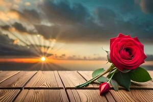 a red rose on a wooden table with the sun setting behind it. AI-Generated photo