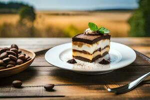 chocolate cake with hazelnuts on a wooden table. AI-Generated photo