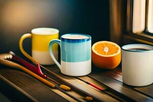 three coffee mugs and an orange sit on a window sill. AI-Generated photo