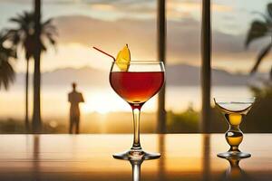 two glasses of wine and a cocktail on a table. AI-Generated photo