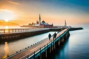 a couple walking on a pier in front of a church. AI-Generated photo