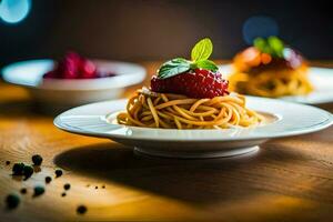 spaghetti with strawberries and basil on a plate. AI-Generated photo