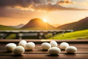 eggs on a table in front of a sunset. AI-Generated photo