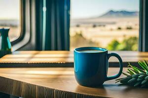 a blue coffee mug on a table in front of a window. AI-Generated photo