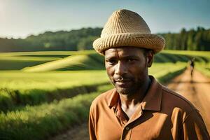 a man in a hat stands on a dirt road. AI-Generated photo