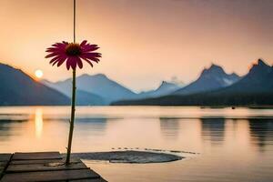 a flower is sitting on a dock with mountains in the background. AI-Generated photo