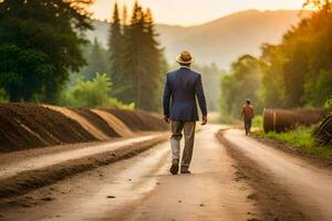 un hombre en un traje y sombrero camina abajo un suciedad la carretera. generado por ai foto