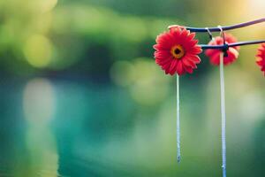 red flowers hanging from a wire over a lake. AI-Generated photo