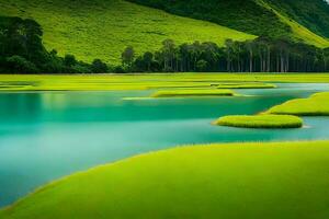 a beautiful landscape with green grass and water. AI-Generated photo