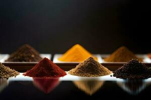 a variety of spices are arranged in a row. AI-Generated photo